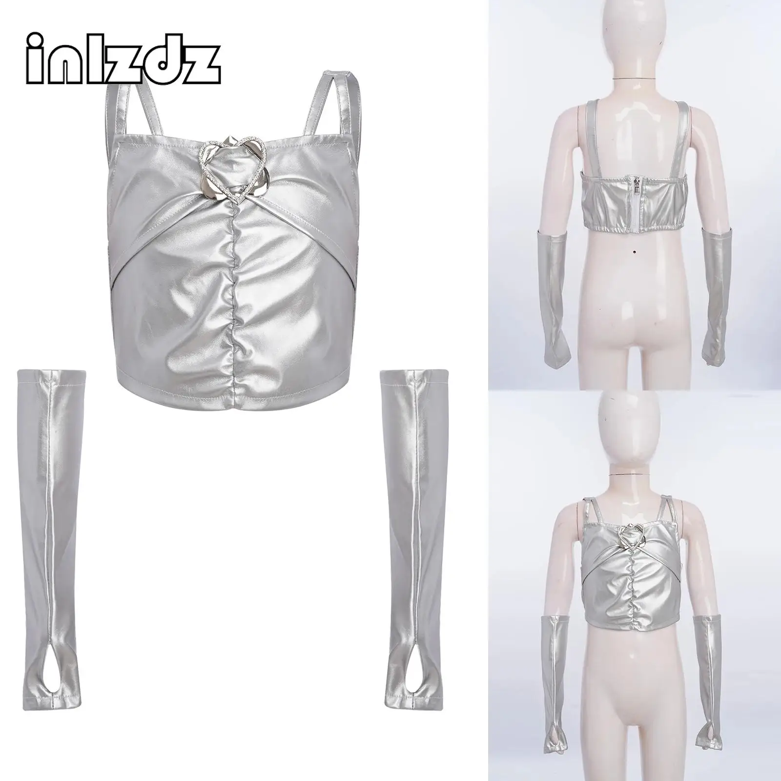 

Teen Girls Ruched Metallic Vest Hip Hop Jazz Dance Performance Costume Sleeveless Camisole with Thumbholes Gloves Streetwear