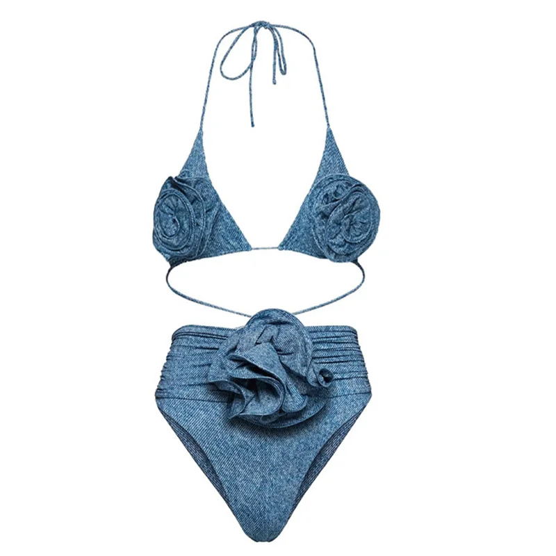 2024 New Sexy High Waist 3D Flower Bikini Set Denim Print Women Swimwear Brazilian Swimsuit Skirt Beach Bath Suit Dress