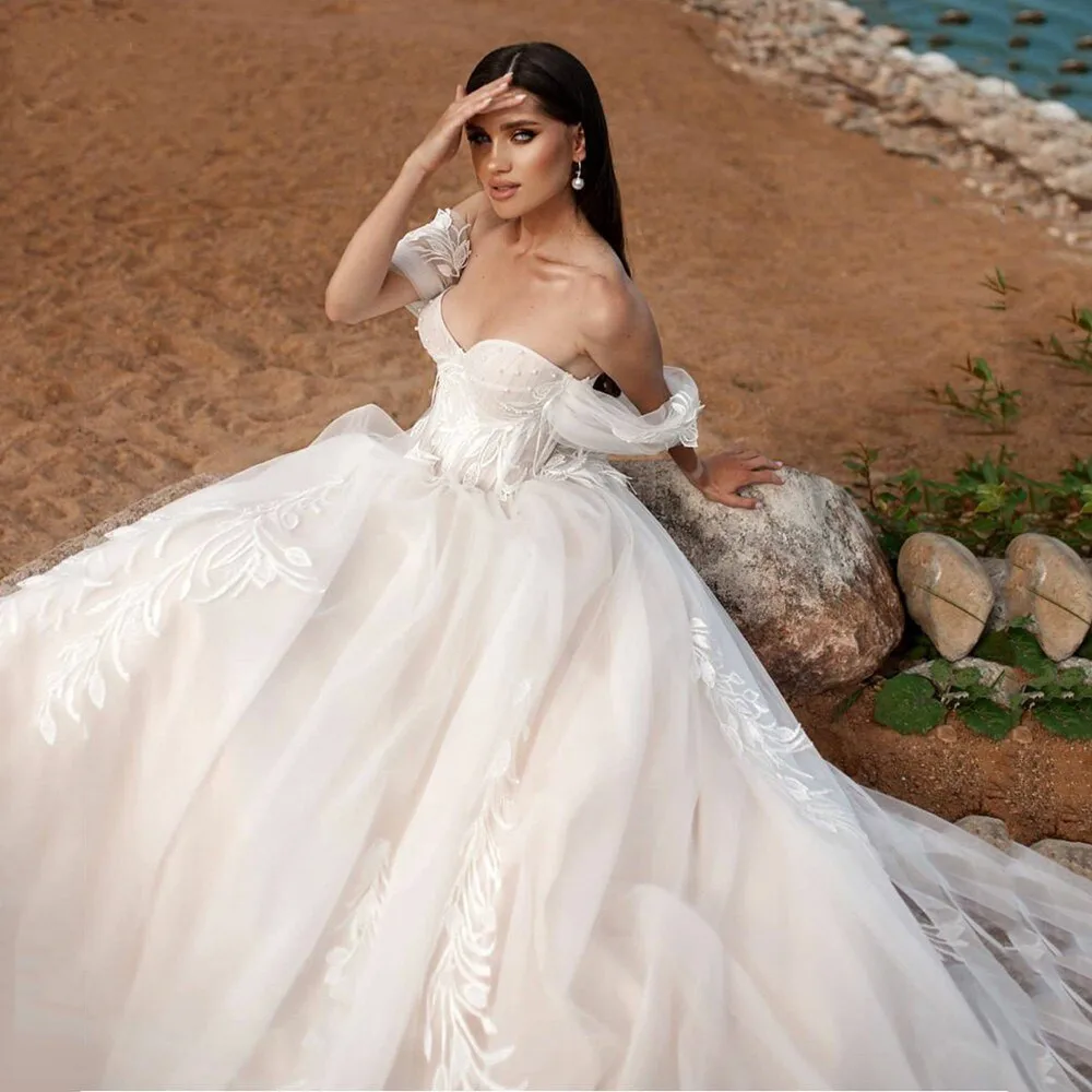 Off Shoulder Tulle Lace Appliques Wedding Dresses Beading Lace-up Backless Bride Gown Sweep Train vestidos de novia 2022