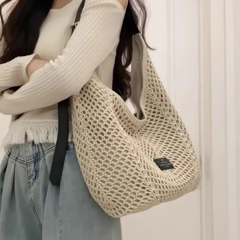 1pcs Woven Knitted Shoulder Bag Women's Beach Tote Casual Handheld Crossbody Bag