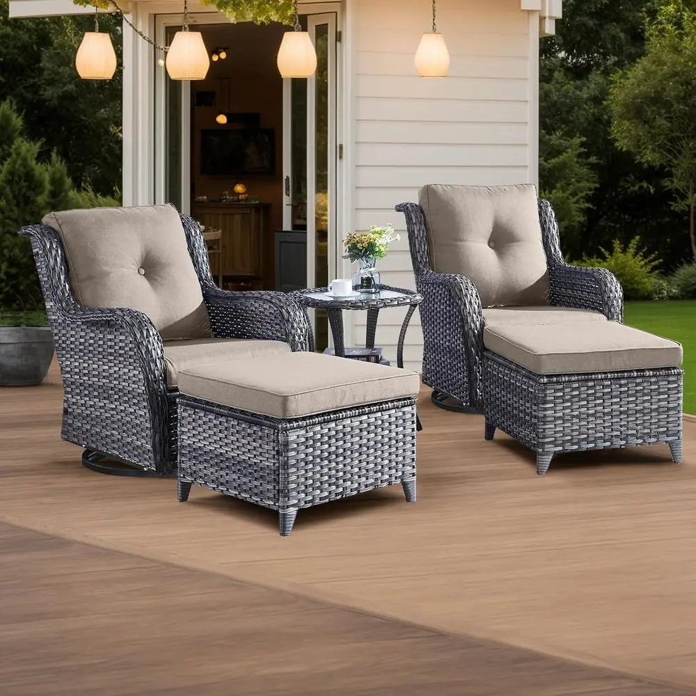 

5-Piece Outdoor Patio Furniture Set: Wicker Bistro Chairs with Swivel, Rocking, Side Table, and Ottomans for Backyard, Porch, Ba