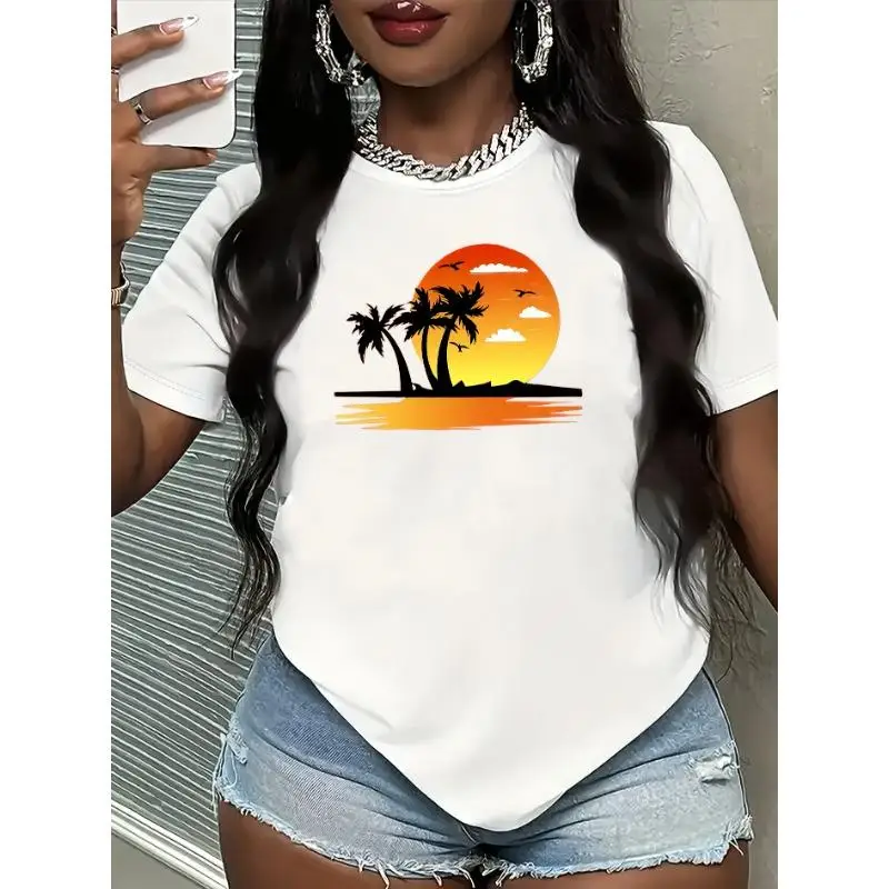 

Women's Summer T-shirt Sunset Palm Tree Graphic Tee Beach Vacation Tops Casual Short Sleeve