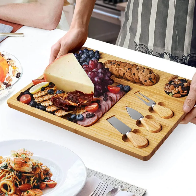 Multi-function Thickening Bamboo Wood Chopping Board Cheese Cutting Board with Knife and Fork Household Kitchen Tool Accessories