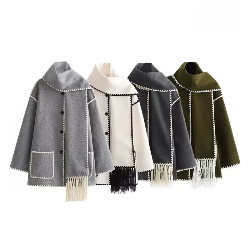 

Retro Tassel Trim Splicing Jaet Loose Versatile Autumn Winter New Sle Women's Woolen Coat Long Sve Commute Sle