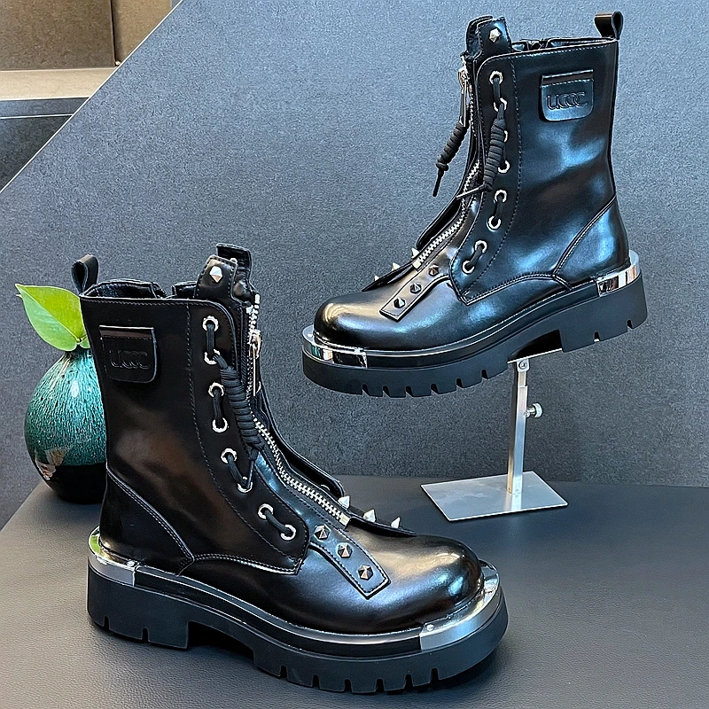 Luxury Designer Youth Trending Rivets Punk Style Boots New Arrival Front Zipper Thick Botttom Metal Decoration Botas Hombre