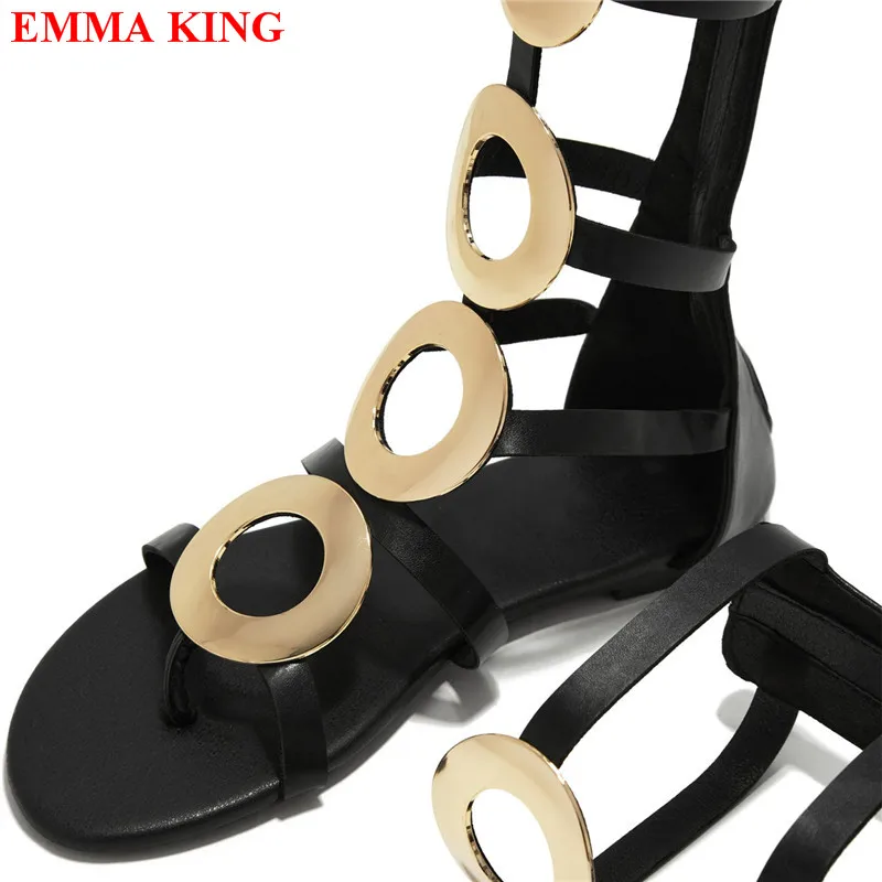 Sexy Women Black Metal Caged Gladaitor Sandals 2023 Summer Hollow Out Peep Toe Knee High Sandals Boots Flats Casual Shoes Woman