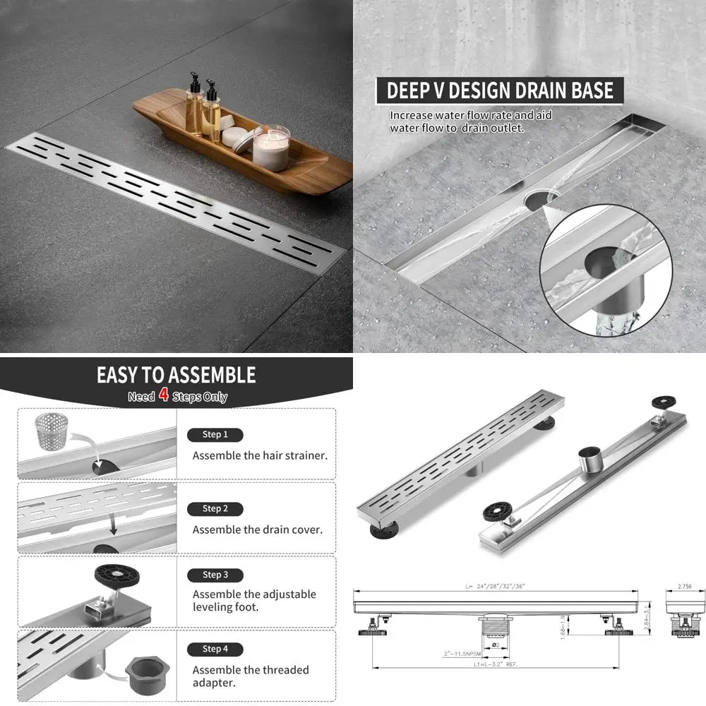 

Stainless Steel 36 Inch Rectangular Shower Drain with Removable Grate, Brushed Nickel Finish, Long-Lasting Floor Drain for Showe
