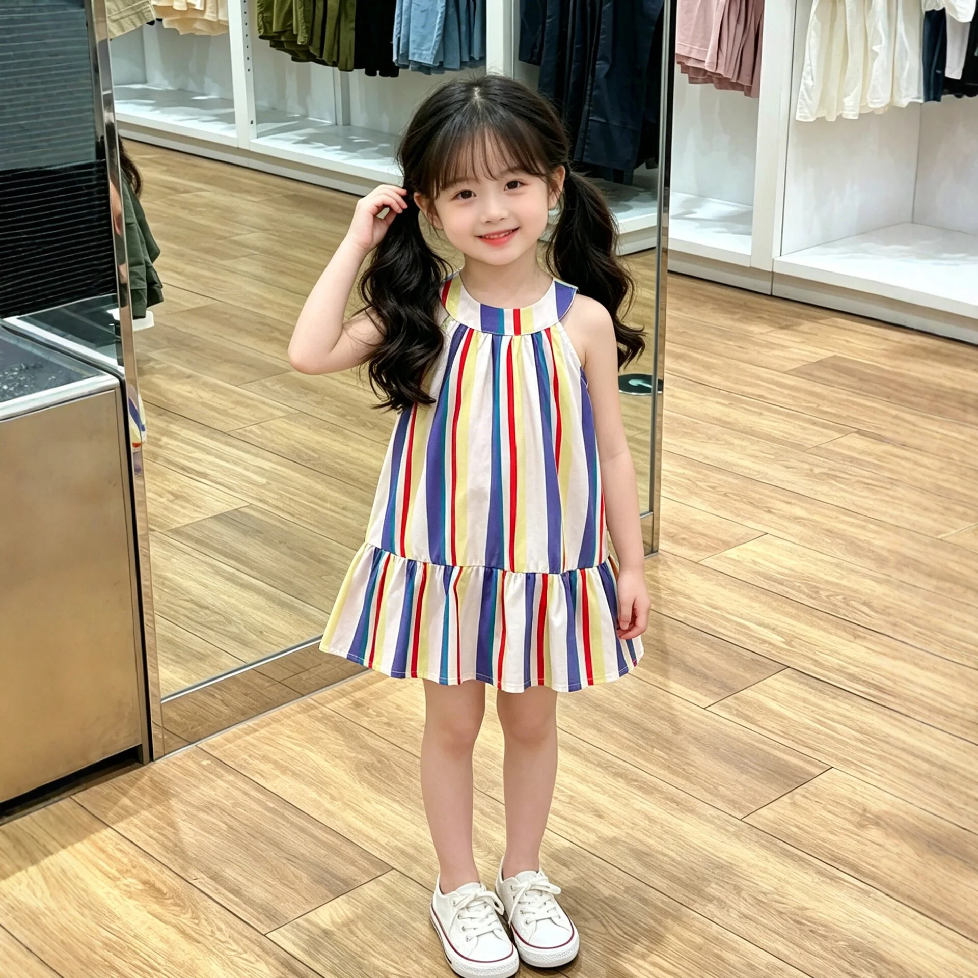2026 Summer New Girl's Colorful Striped Hanging Neck Dress Fresh Ruffle Edge Tank Top Skirt Baby Korean Summer