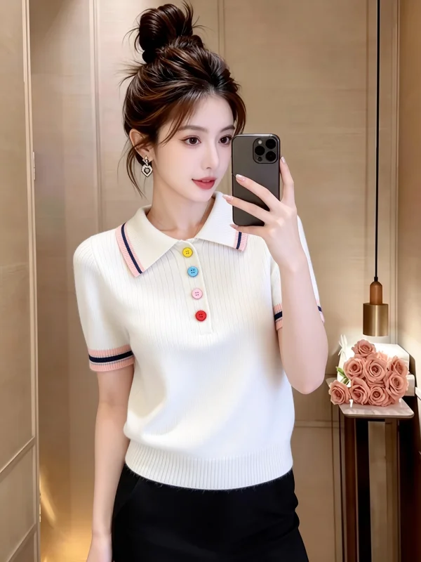 

Slimming Ne Knitted ort Sve T-irt Women's Summer Design Sense Buttons School Sle Top Casual Loose Fit
