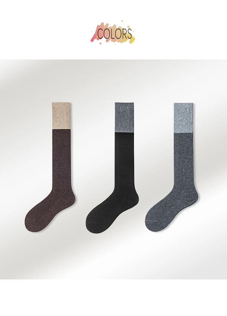 2-farbige Woll-Kniestrümpfe für Damen, gestrickte lange Socken, farblich abgestimmte gerippte warme Wintersocken, 1 Paar, weich, für den Urlaub – Detail 8