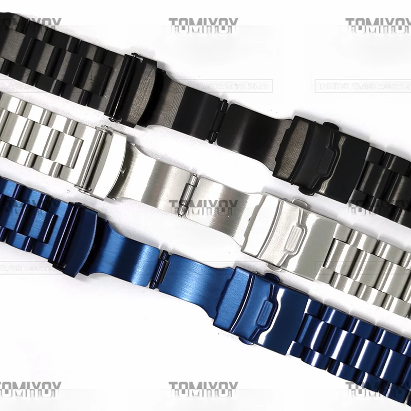 22 24MM Flat End Black Blue Silver 5.7MM Thicked Solid Stainless Steel Three Beads Dive Watch Band