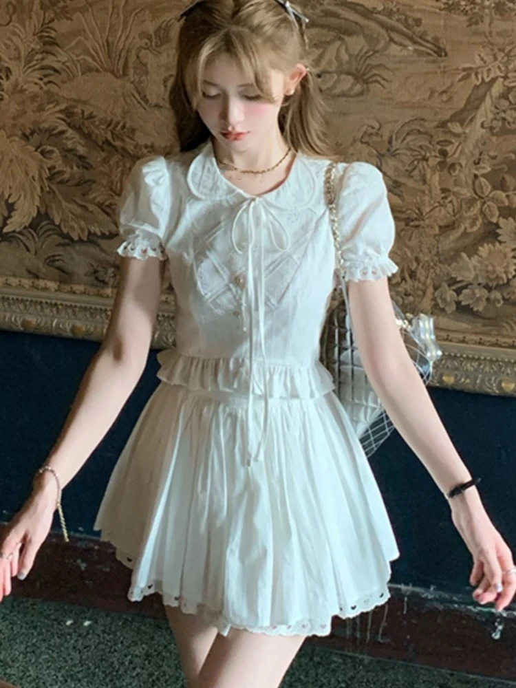 Y2K Two-piece Skirt Set Women Puff Sleeve Kawaii Shirt Ruffles A-line Lace Mini Skirt Korean Fashion Casual Summer Solid Suit