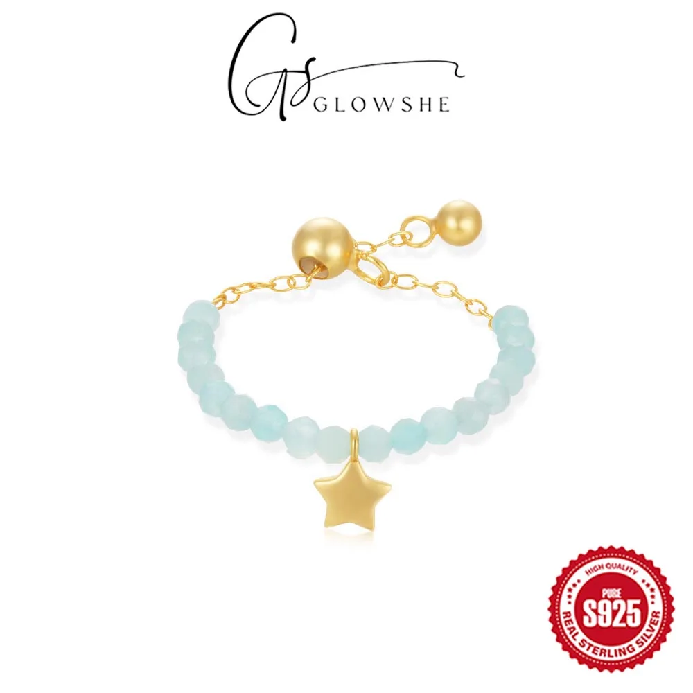 

Glowshe 925 Sterling Silver Amazonite Bead Style Star Chain Resizable Ring Party Designer Fine Jewelry Women's Charm Ring Gift