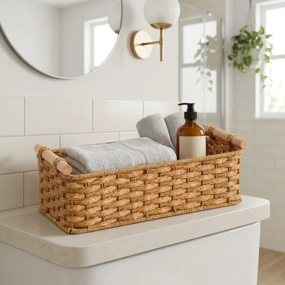Narrow Bathroom Shelf Woven Bathroom Basket Sturdy Wood Handles Slim Profile Design Compact Dimensions Paper Rope Material