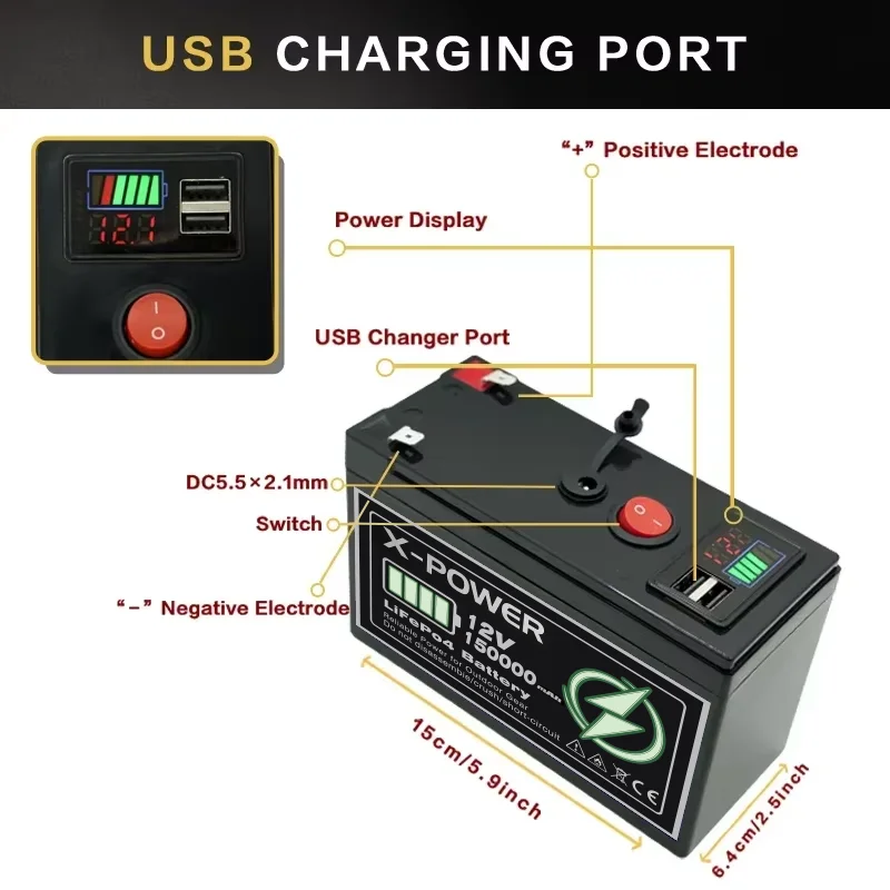 12V 150Ah LiFeP04 Battery Deep Cycle Lithium Battery 30A BMS 6000+ Cycles Perfect for Solar Fish Finder Power Wheel Boat Home RV