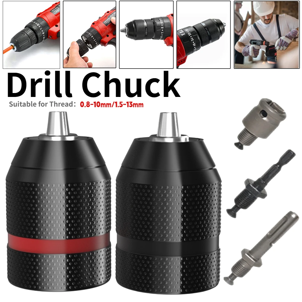 Keyless Metal Drill Chuck 0.8-10mm/1.5-13mm Heavy Duty Quick Change Adapter Self-tighten Electric Drill Bit with Hex Shank/SDS