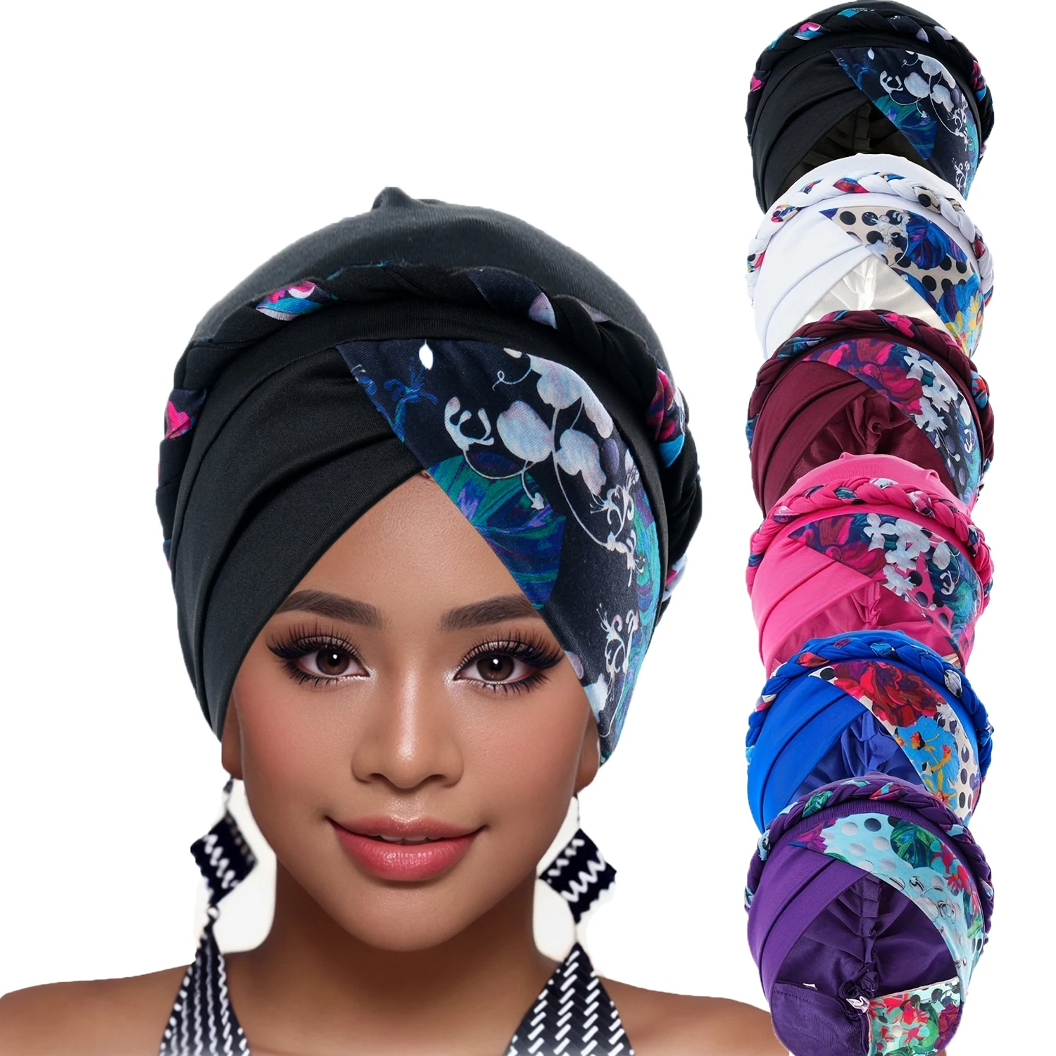 Kobiety Ruffle Muslim Turban Print Flower Knot Headscarf Islamic Inner Hijab Caps Chemo Cap Hair Loss Pleated Head Wrap Turbante