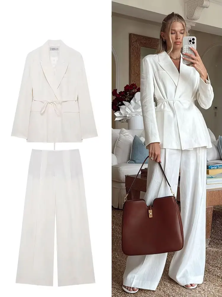 HH 2025 Female Fashion Sets White Turn-Down Collar Pockets Lace-Up Blazers+High Waist Zipper Long Pants Women Casual Suits