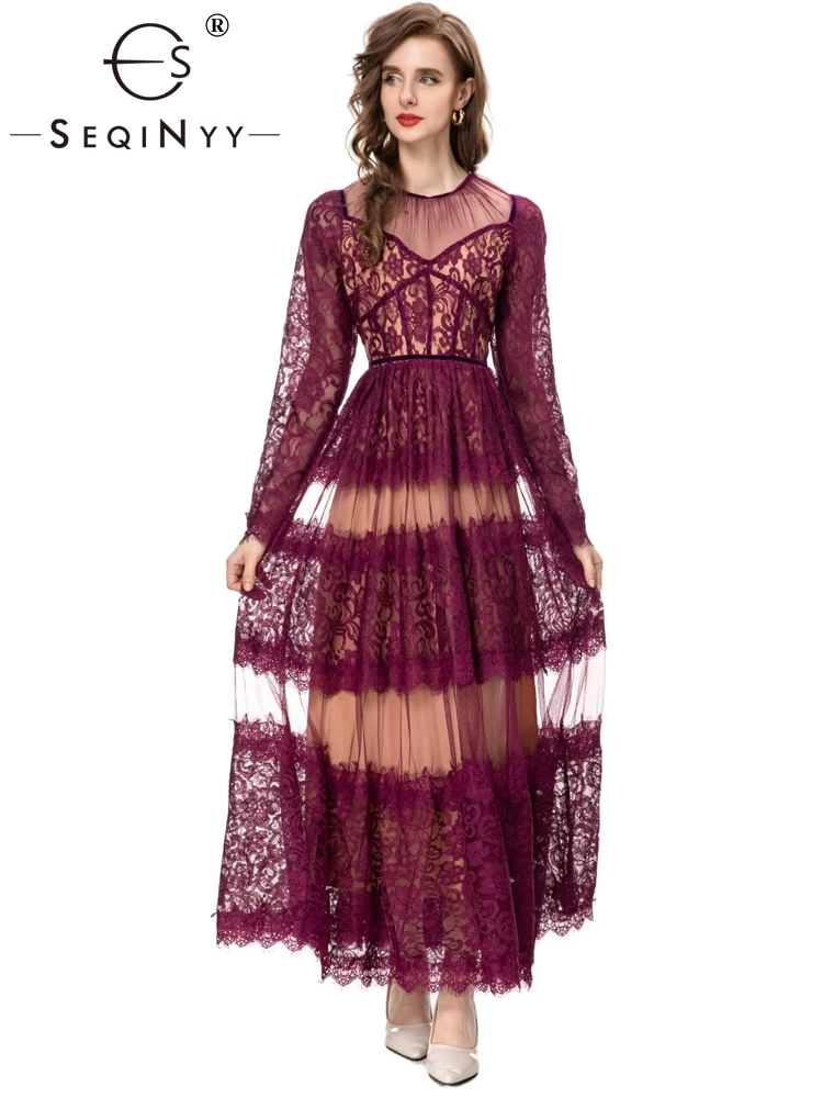 

SEQINYY Elegant Long Dress Summer Spring New Fashion Design Women Runway High Street Vintage Lace Mesh A-Line Party Translucent