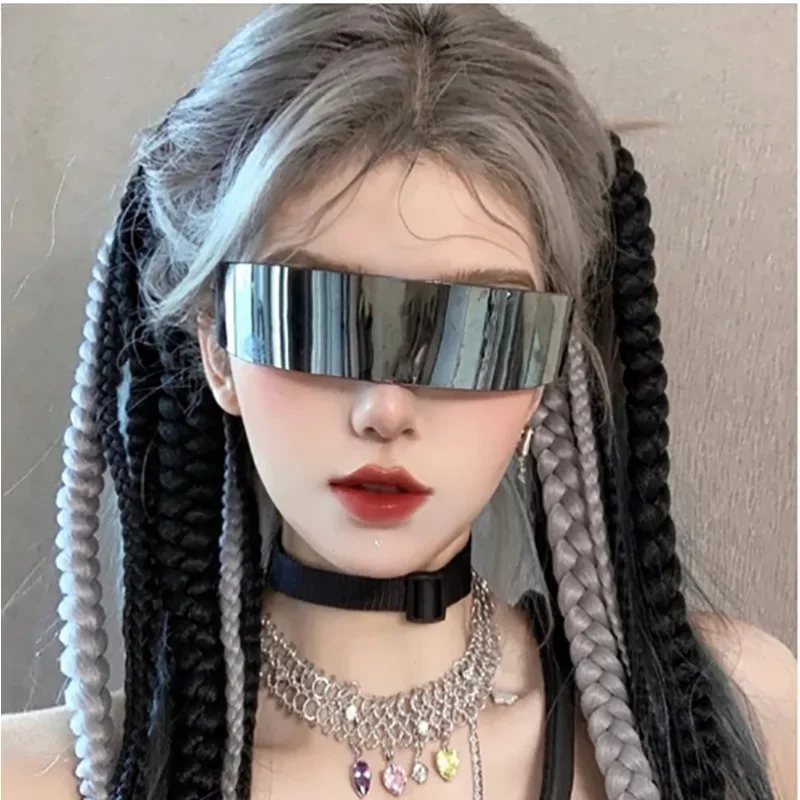 Cyberpunk Goggles Futuristic Party Glasses One Piece Wrap Around Silver Mirror Sunglasses Women Men Sunnies Shades Sun Glasses