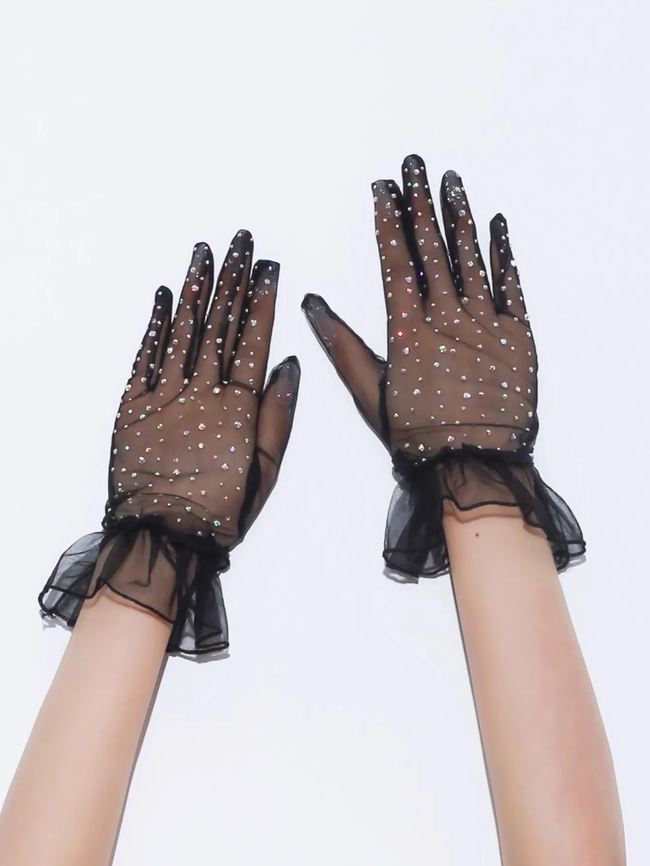 Women's Elegant Shiny Diamonds Black Mesh Glove Female Spring Summer Vintage Sunscreen Driving Photograph Party Glove R507