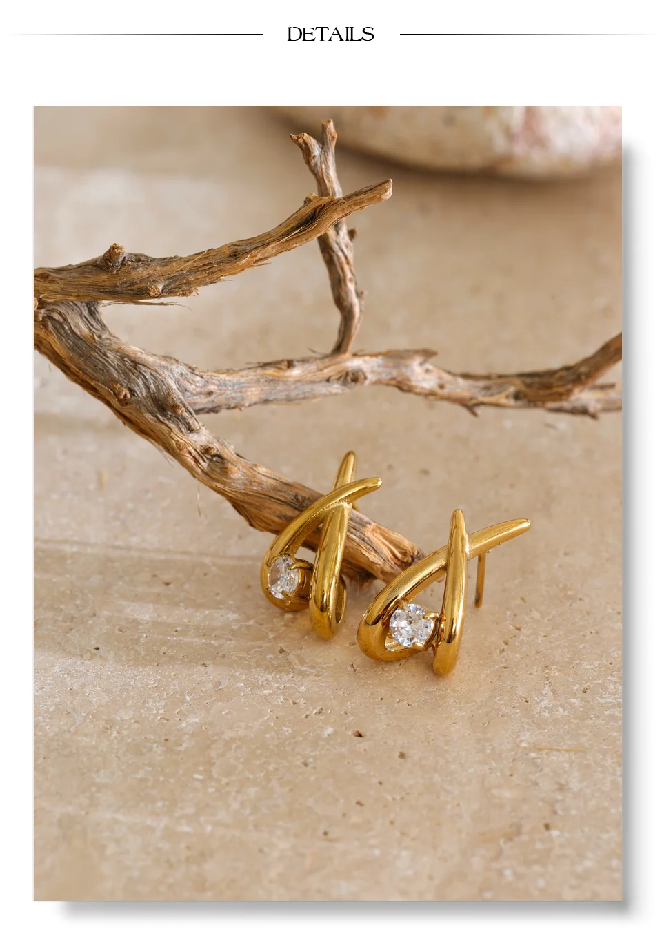 Yhpup Edelstahl-Ohrstecker mit eingelegten runden CZ-Steinen, X-Form, goldfarben plattiert, moderner, glänzender Glamour-Schmuck, wasserdicht. – Detail 7