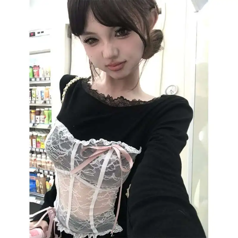 Y2k Lolita Fishbone Bustier Top Women Autumn Winter False Two-piece Long-sleeved T-shirt Advanced Sense Lace Thin Bottom Shirt