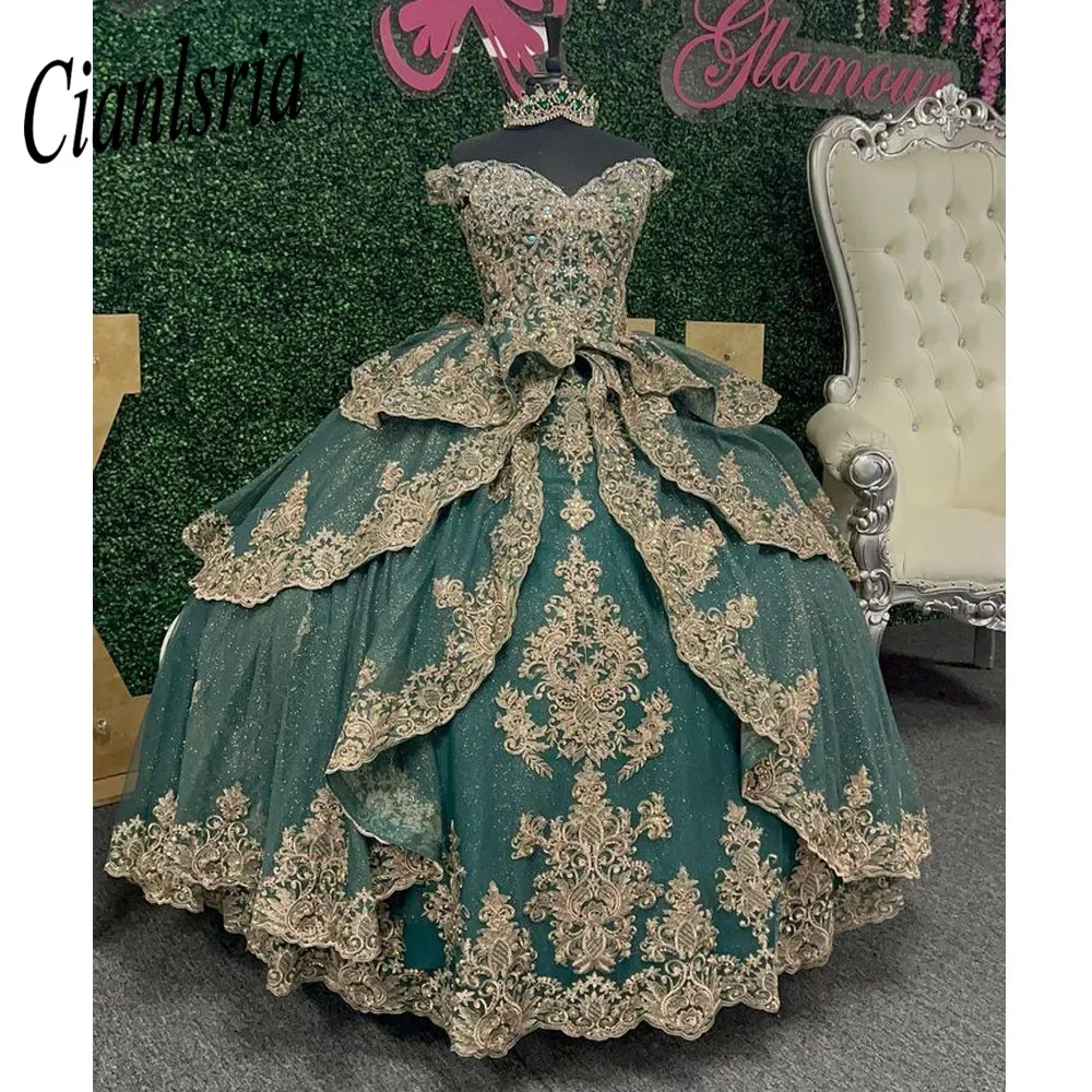 다크 그린 볼 가운 킨세아녜라 드레스 아플리케 스위트 16 드레스 파티복 맞춤 사이즈 XV 아뇨스 베스티도스 데 15 아뇨스