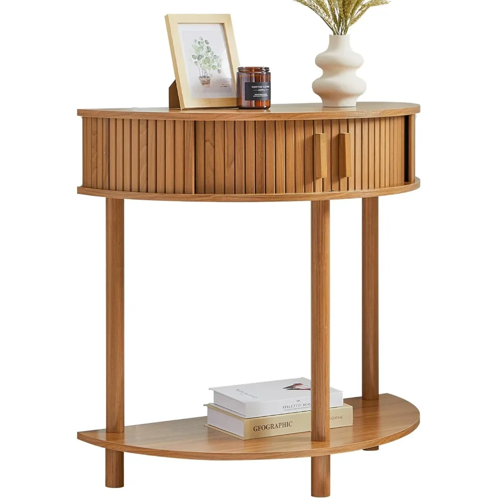 

Entryway Table, Half Moon Fluted Console Tables with Storage, Mid Century Modern Small Half Round Sofa Tables for Hallway, Narro