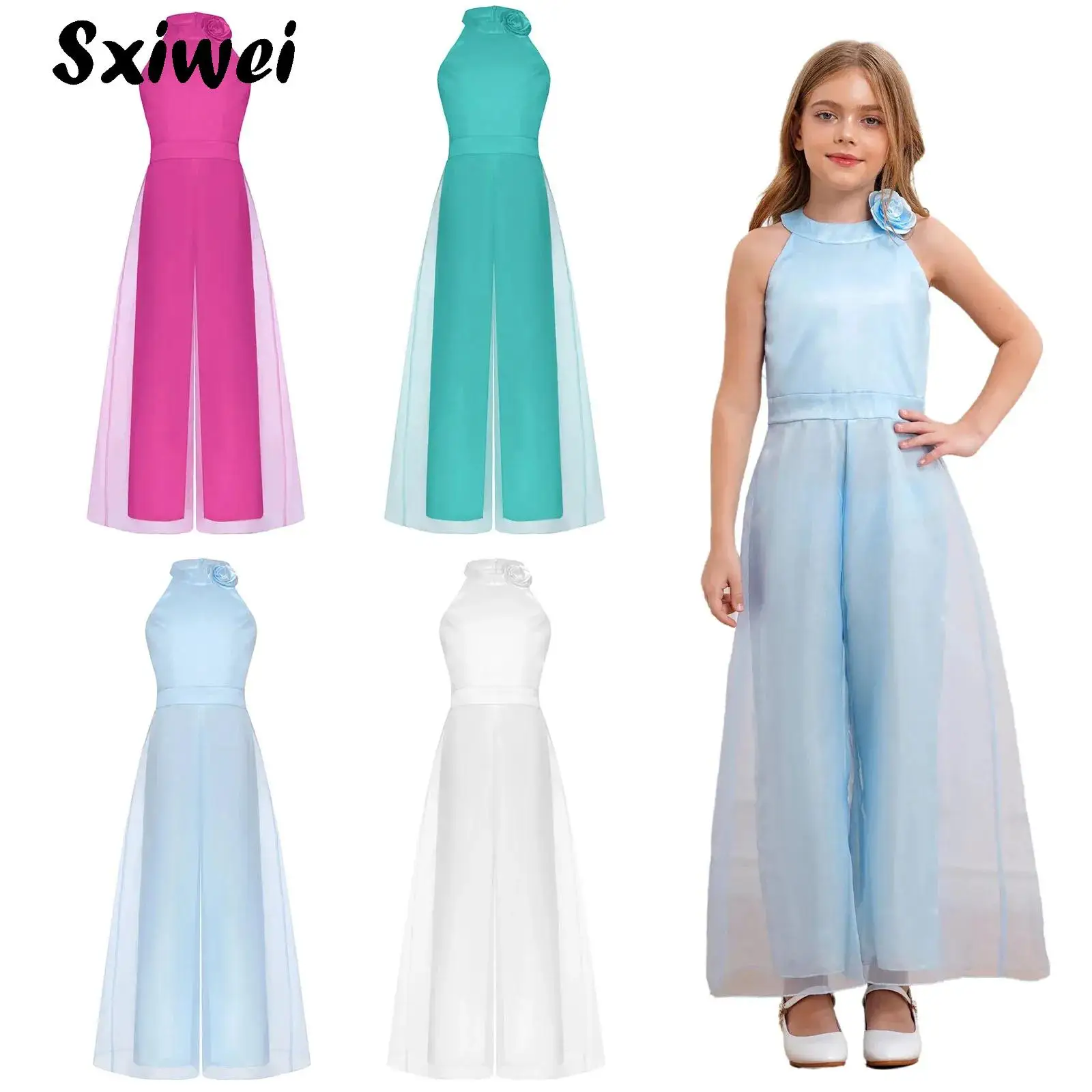 

Girls Wedding Trouser Suit Summer Satin Jumpsuit with 3D Flowers Sleeveless Elegant One-Piece Wide Leg Trousers Party Rompers