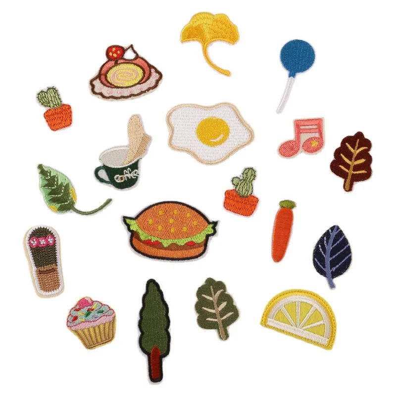 

100pcs/lot Small Embroidery Patch Cactus Carrot Coffee Hamburge Music Leaf Cake Bonsai Clothing Decoration Shirt Bag Applique