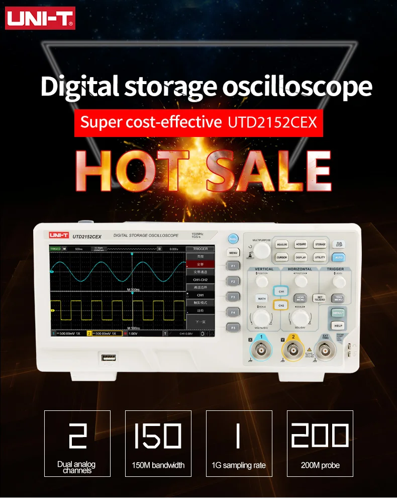 UNI-T Digital Oscilloscope UTD2000 Series Portable 100Mhz 2 Channels 1GS/S USB Oscilloscopes Ociloscopio Automotivo Portatil