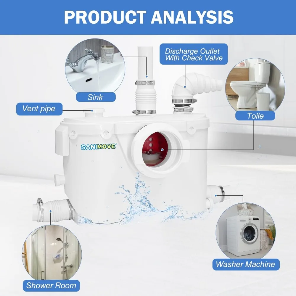 500W Macerator Pump for Macerating Toilet Upflush Toilet System Macerator Sewerage Pump with 3 Water Inlets