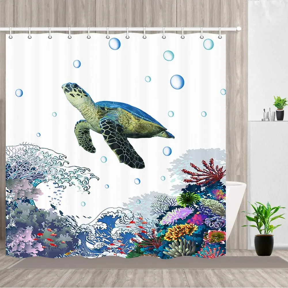 Sea Turtle Shower Curtain Turtle with Coral Great Wave Bathroom Decor Polyester Fabric Bath Curtains and Hooks Waterproof