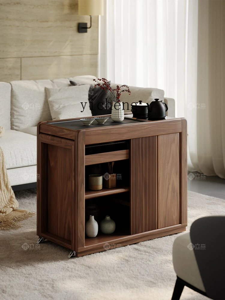 

YXY Black Walnut Tea Cart Mobile Side Table Living Room Household Solid Wood Tea Table Balcony Tea Table