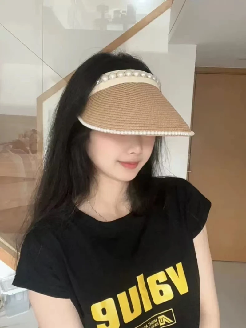 2024Grass woven pearl hollow top hat summer Korean version outdoor sunshade hat for cycling, Lafite straw hat sunscreen sun hat