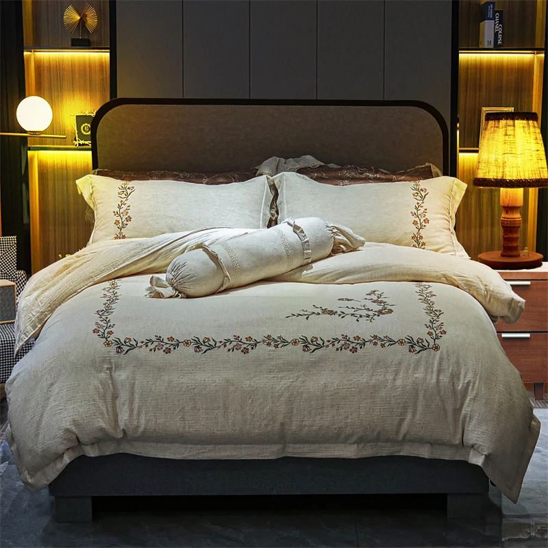 100% Pure Linen Vintage French Flowers Embroidery Bedding Set Natural Flax Duvet Cover Flat/Fitted Bed Sheet Pillowcases 4Pcs