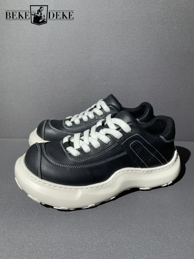 Designer handgefertigte Herren-Sneaker aus echtem Leder zum Schnüren, runde Zehenpartie, High-Street-Mode, höhenvergrößernde Plattform, Freizeitschuhe für Herren