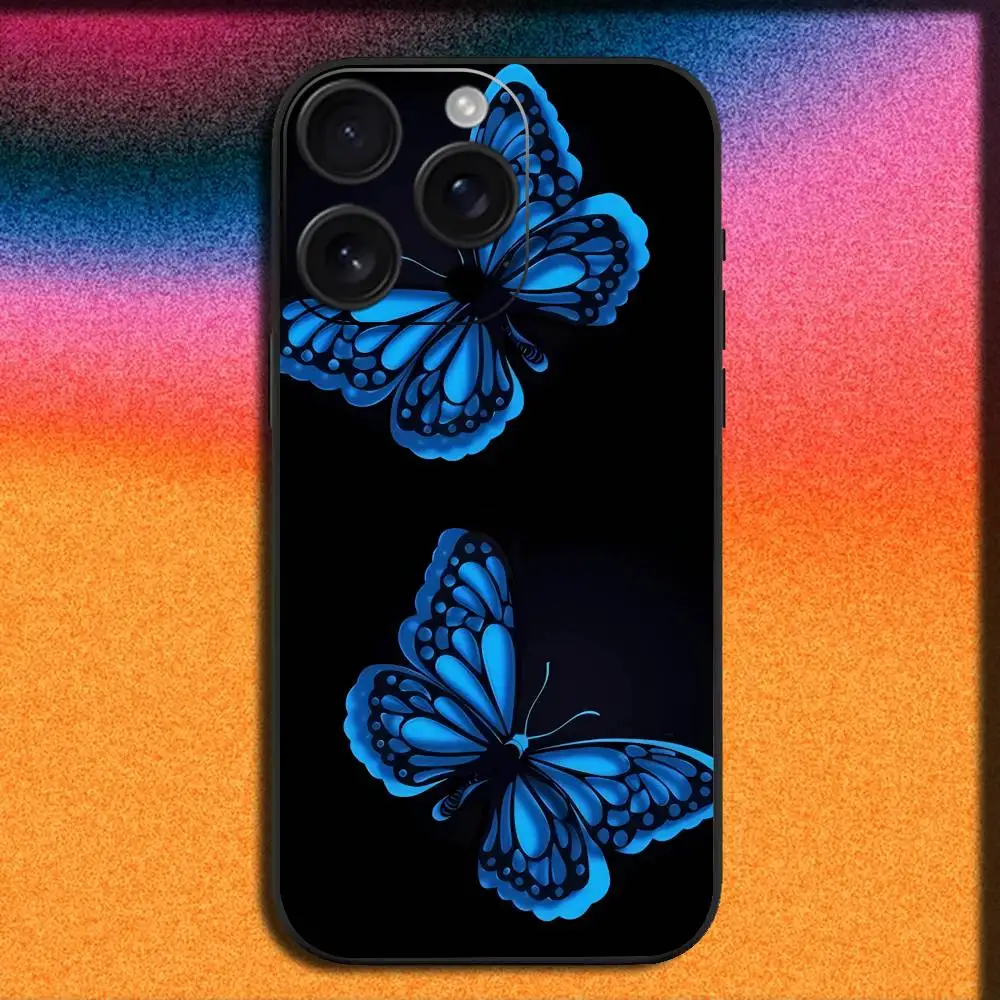 Custodia per telefono con farfalla blu per iPhone 17,16,15,14,13,12,11,Pro,Max,Plus,E,SE4,Air,Mini Cover nera