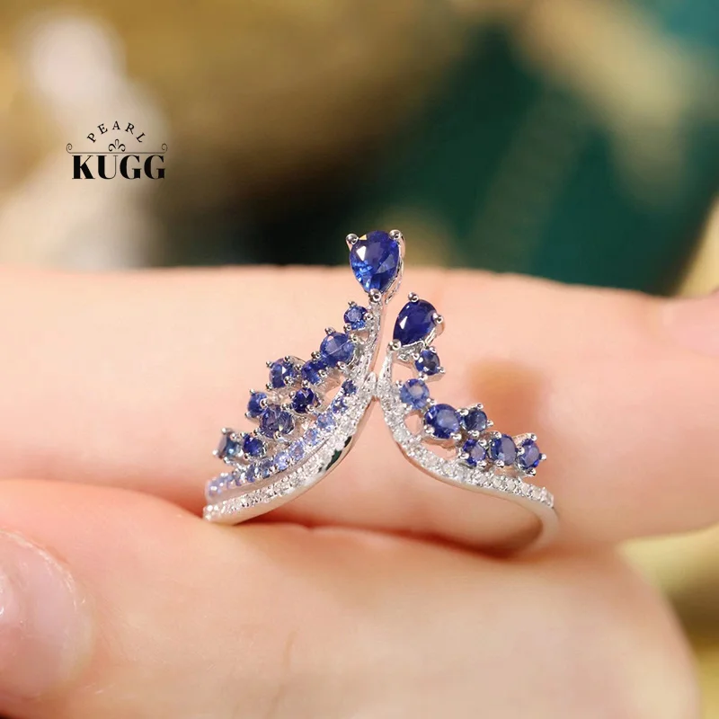 KUGG 100% 18K White Gold Rings Elegant Crown Design Natural Sapphire Engagement Ring for Women Luxury Diamond Jewelry