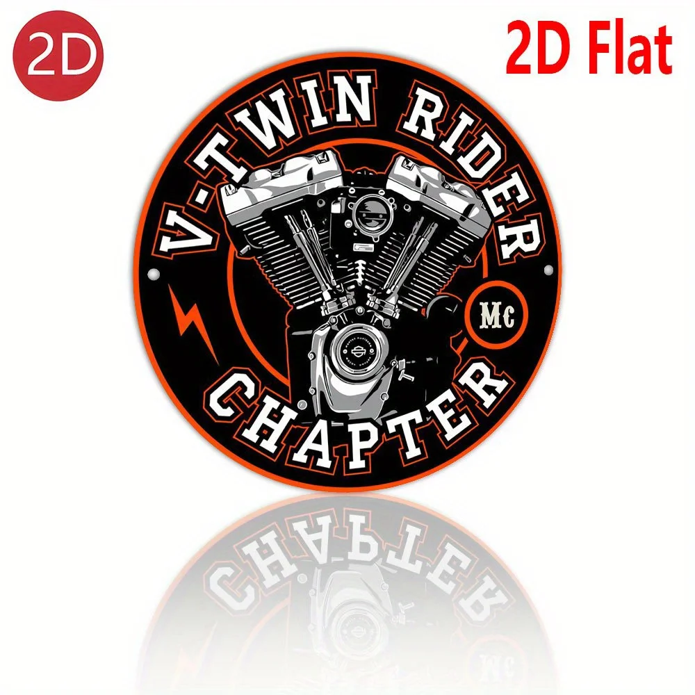 2D Flat, 1pc V-Twin Rider Chapter Round Aluminum Sign - 20.32x20.32 cm, Black & Orange Motorcycle Logo with 