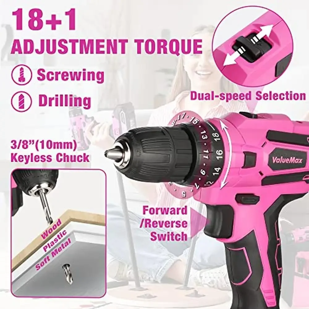 Home Tool Kit with Drill 238-Pieces Pink Set 20V Cordless Power Set Wide Open Storage Ideal Home Maintenance and Repairs Durable