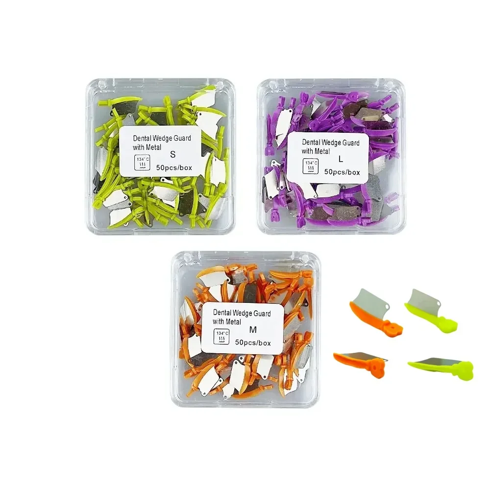 50Pcs/Box Dental Wedges Prime Teeth Interproximal Wedge Guard with Metal Plastic Wedge Knife with Dental Steel Matrix 3 Size