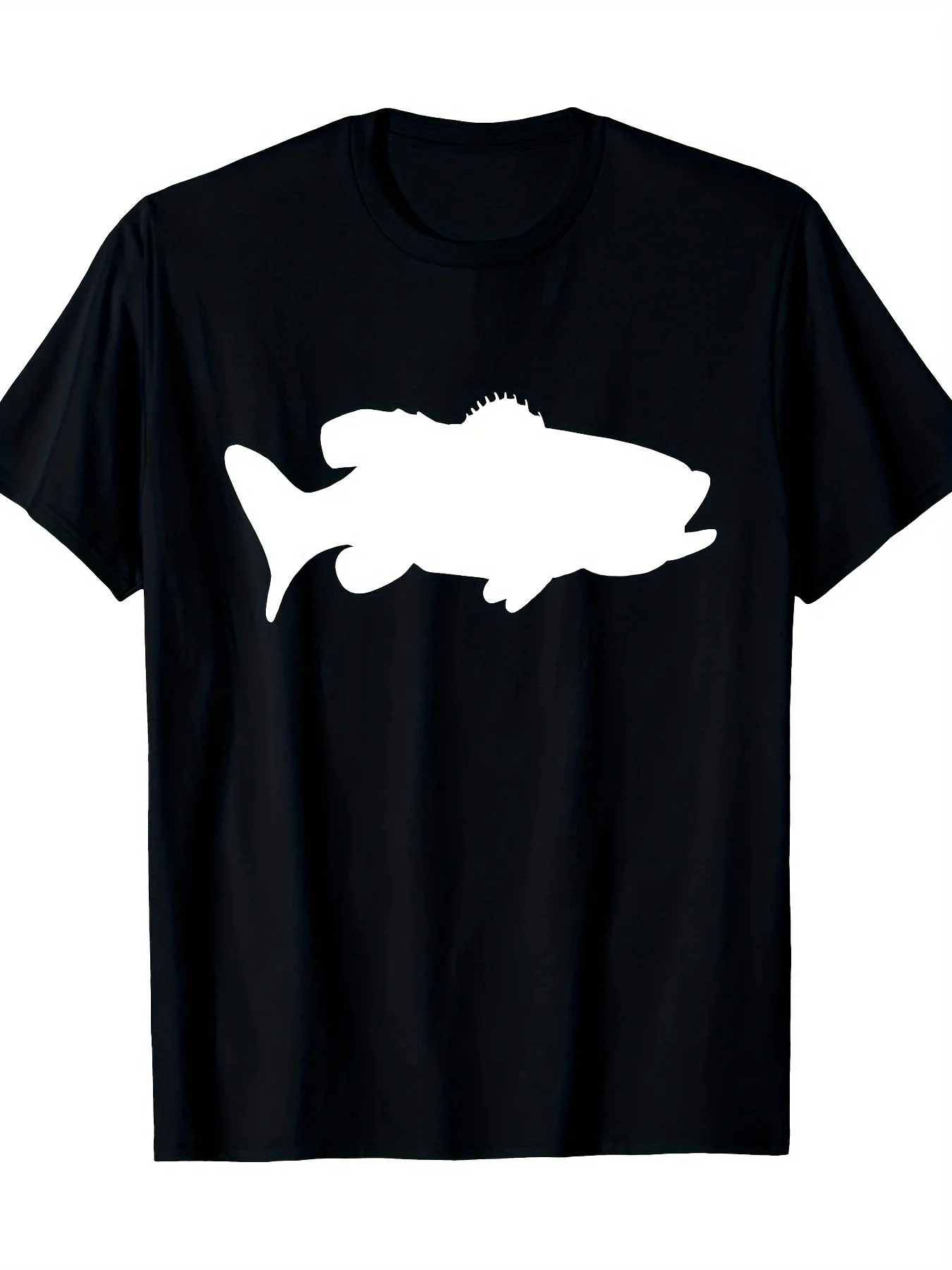 camiseta-grafica-para-pesca-de-bass-masculina-preta-com-design-de-peixe-branco-tecido-leve-e-respiravel-corte-regular-gola-redonda-manga-curta