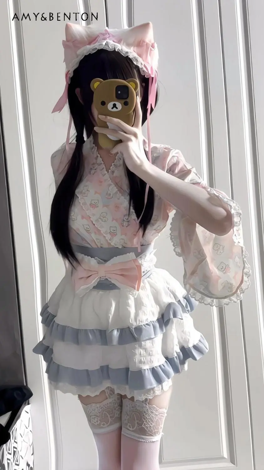 

Летний новый милый комплект: топ с длинным рукавом в стиле Лолита с мультяшным принтом и короткая юбка-пачка с завышенной талией и поясом