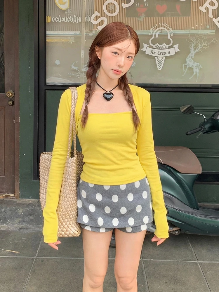 

Dopne Yellow Knitted Open Cardigan Women's Early Spring Slimming Csole Vest Two-Piece Set Top Trendy Long Sve Regula...