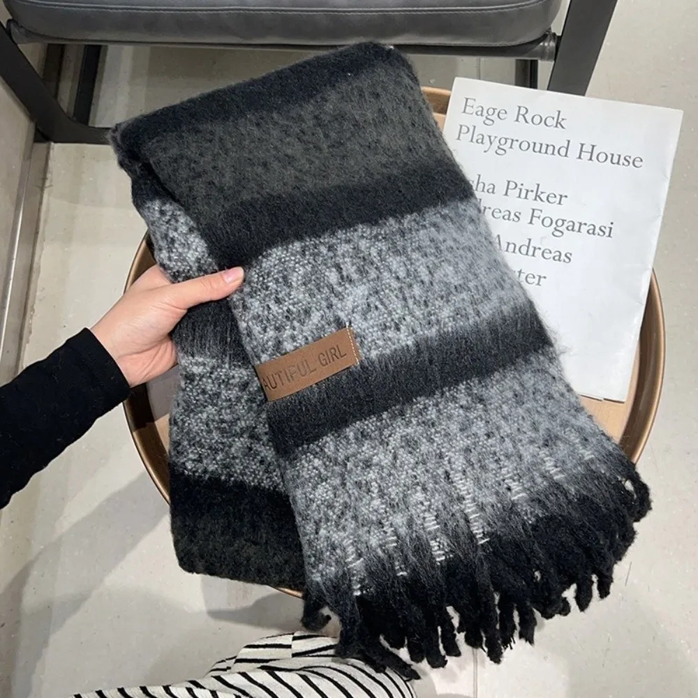 Winter Warm Striped Mohair Scarf Windproof Thickened Long Tassel Scarves Soft Knitting Women Wrap Shawls