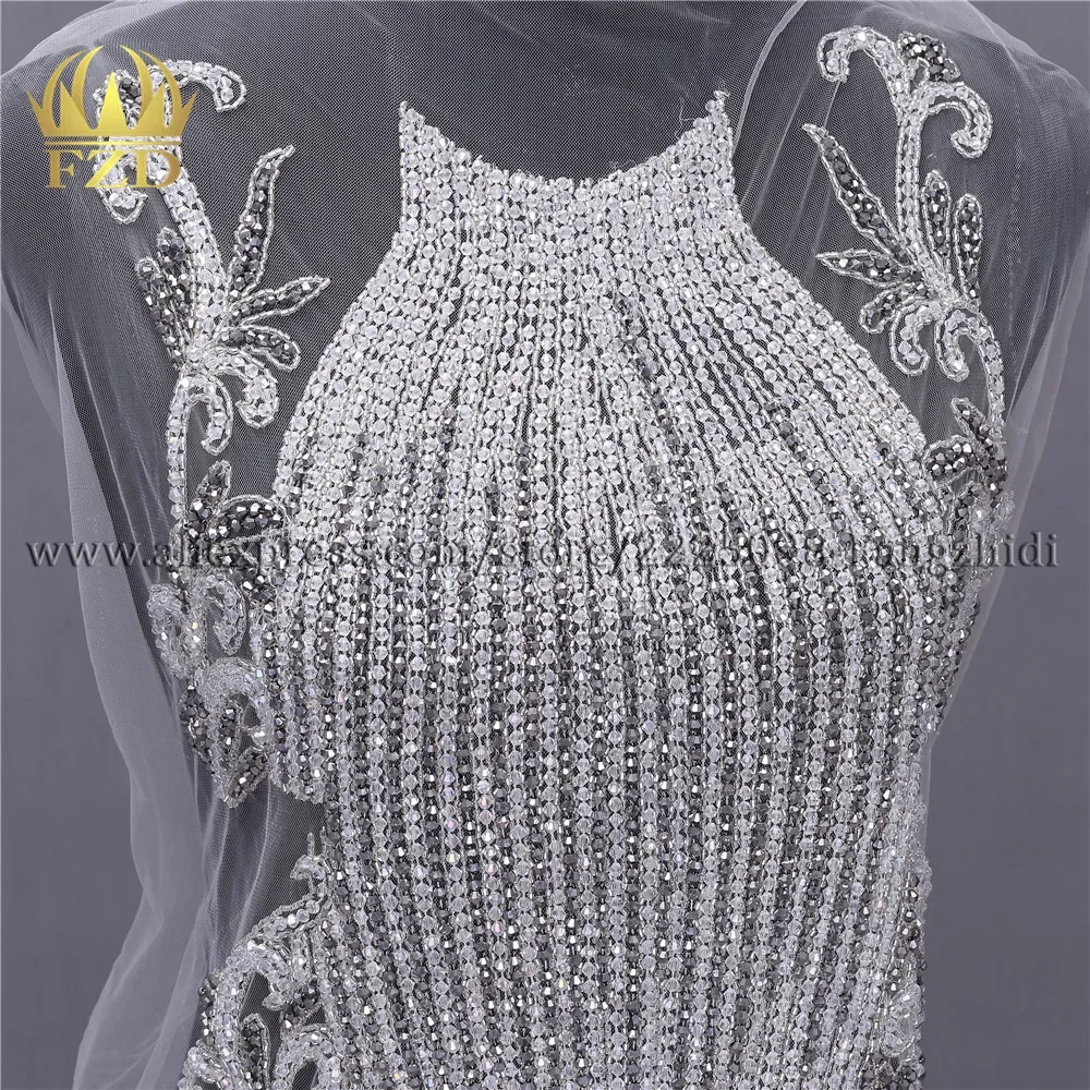 FZD 1 Set Sew on Large Elegant Crystal Evening Dress Long Patches for Clothing Wedding Evening night Dress Material DRA-313