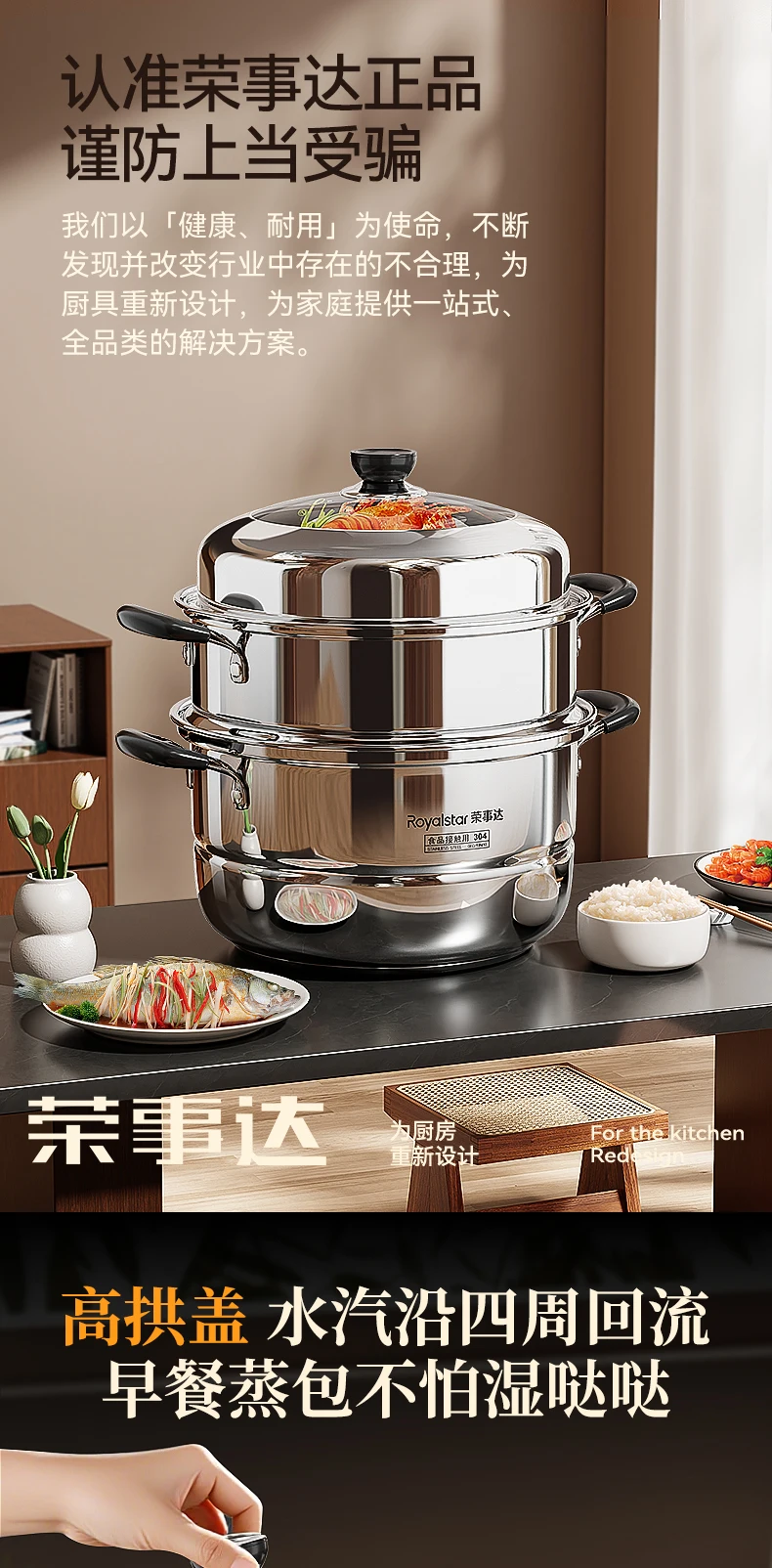 Home Use 304 Stainless Steel Multi-Layer Steamer Pot Compatible with Induction Cooktops and Gas Stoves