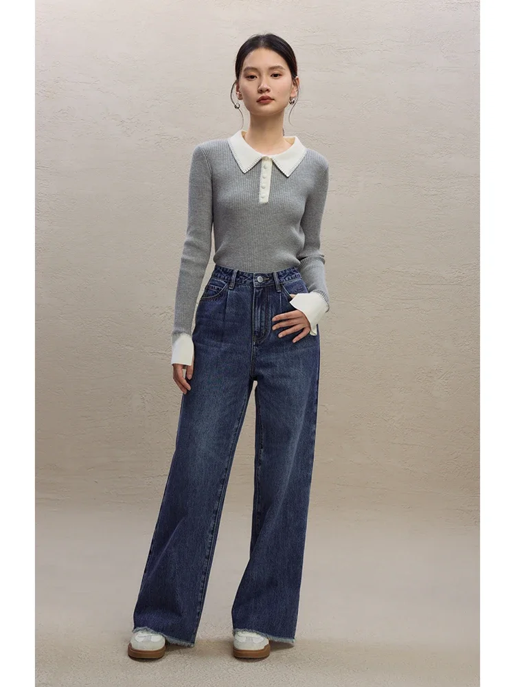 ZIQIAO Chic Style Raw Edge Straight Wide-leg Jeans for Women 2023 Autumn Winter New High Waist Slim Floor Mopping Pants Female